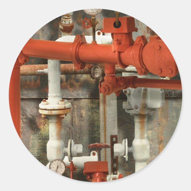 Sticker Rond Steampunk - Mal de tête de tuyau rouge (Devant)