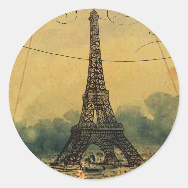 Sticker Rond Steampunk Tour Eiffel & Ballon Air Chaud (Devant)