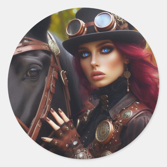 Sticker Rond Steampunk Victorian Lady Dark Rider (Devant)