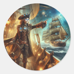 Sticker Rond Steampunk Vintage Victorian Ocean Space Pirate