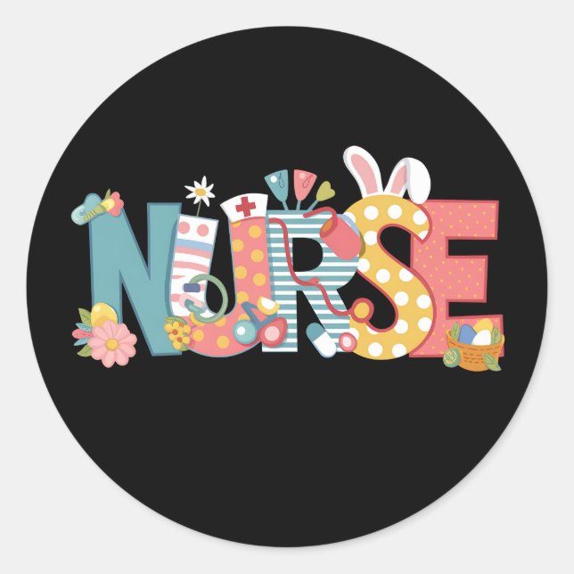 Sticker Rond Stéthoscope de Pâques Infirmière Lapin Œufs (Devant)