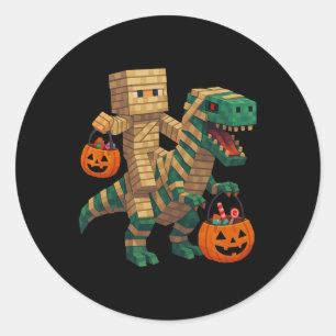 Sticker Rond Steve à cheval sur un dinosaure momie T Rex Hallow