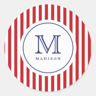 Sticker Rond Stick 4 juillet Red Stripes Monogram Party