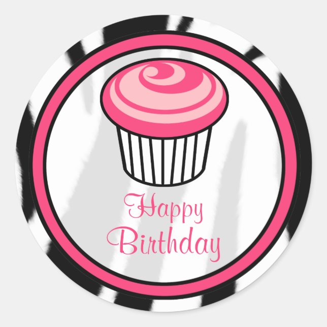 Sticker Rond Stick d'anniversaire de Cupcake rose - Zèbre noir  (Devant)
