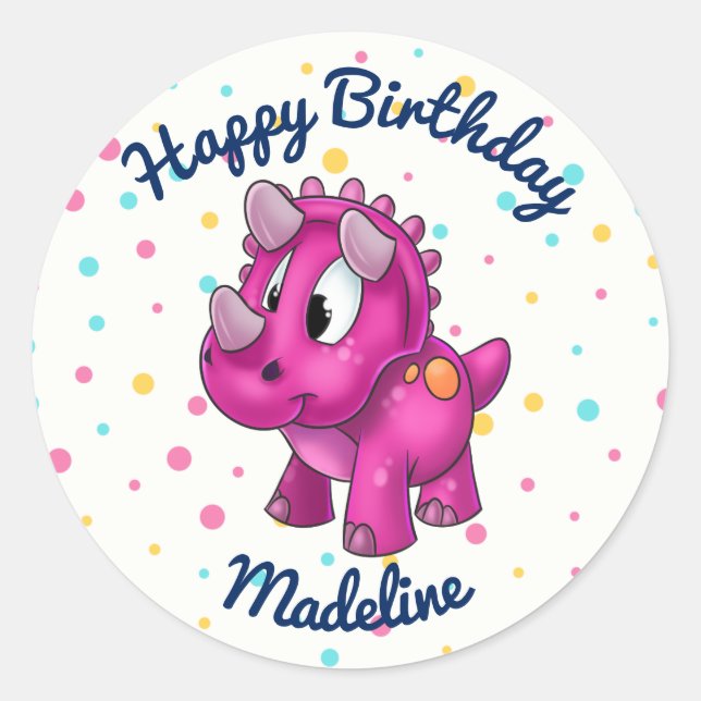 Sticker Rond Stick d'anniversaire de Dinosaure rose mignon (Devant)