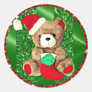 Sticker Rond Stick de Noël Glittery Teddy Bear