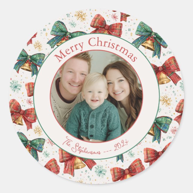 Sticker Rond Stick de Noël photo Plaid Bows Bells (Devant)