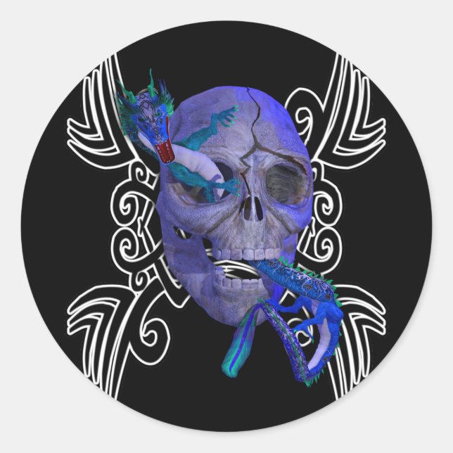 Sticker Rond Stick de tatouage crâne et dragon (Devant)