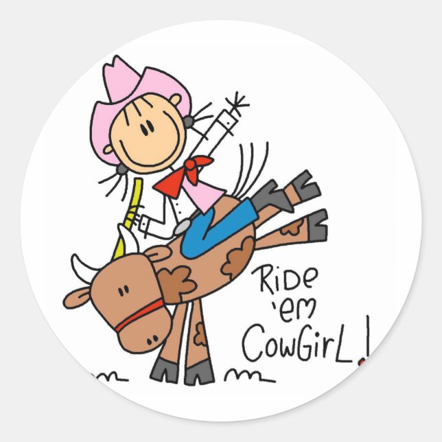 Sticker Rond Stick Girl Ride Em Cowgirl Tshirts et cadeaux (Devant)
