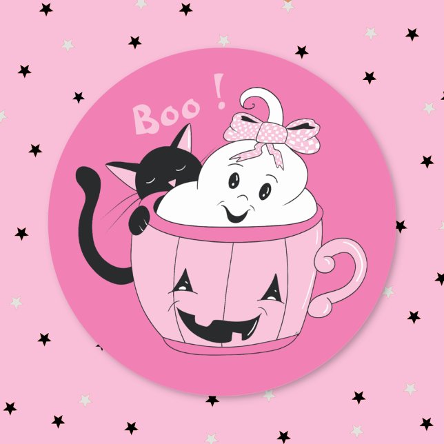 Sticker Rond Stick Halloween éffrayant Fantôme noir Chat rose (Spooky cute pink Halloween sticker with a ghost in a mug and a black cat .)