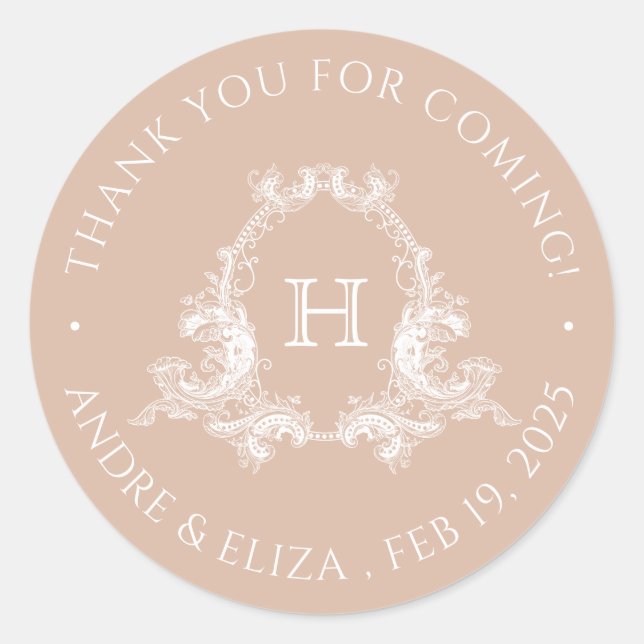 Sticker Rond Stick Mariage de Monogramme Royal Baroque Blush (Devant)
