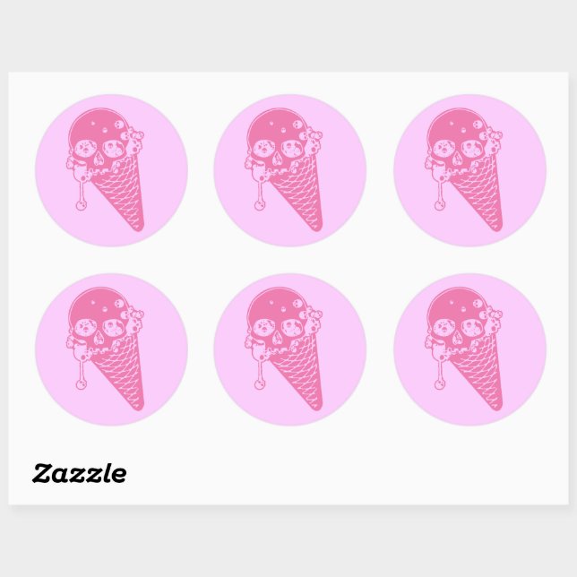 Sticker Rond Stick rond rose crème glacée cône classique (Feuille)