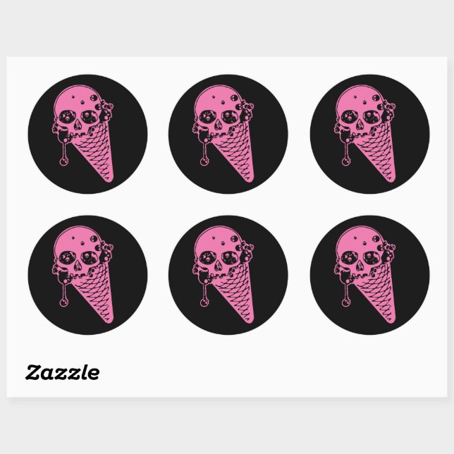 Sticker Rond Stick rond rose crème glacée cône classique (Feuille)