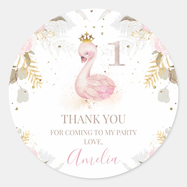 Sticker Rond Stick rose Floral Princess Swan 1er Anniversaire (Devant)