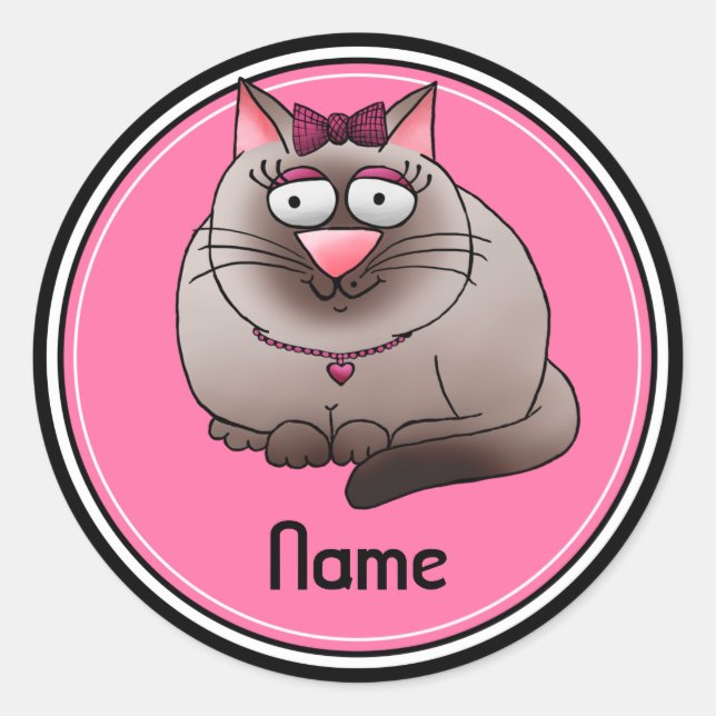 Sticker Rond Stickers, Modèle de nom, Cartoon de chat mignon (Devant)