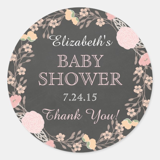 Sticker Rond Sticleur Baby shower de courroie florale Chalkboar (Devant)