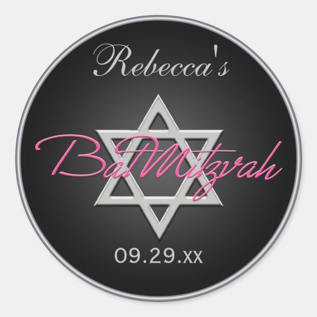 Sticker Rond Sticleur Bat mitzvah rond de 1,5 po noir, argent,  (Devant)