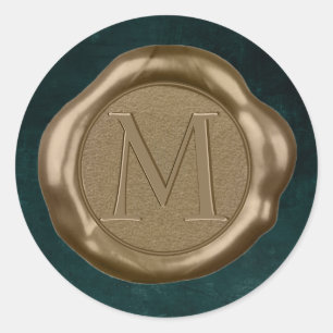 Sticker Rond Sticleur de cire d'or monogramme sur vert émeraude