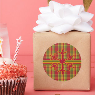 Sticker Rond Sticleur de Flocon de Neige Plaid & Stripes Rouge 