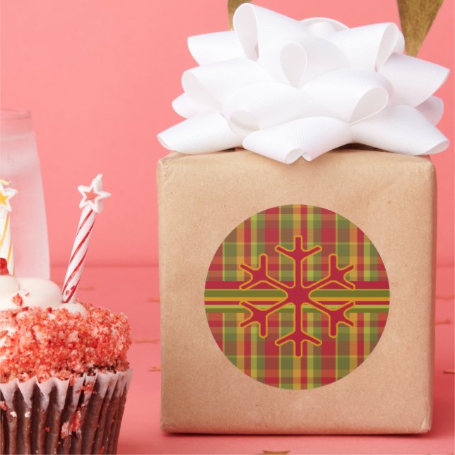 Sticker Rond Sticleur de Flocon de Neige Plaid & Stripes Rouge  (Fête)