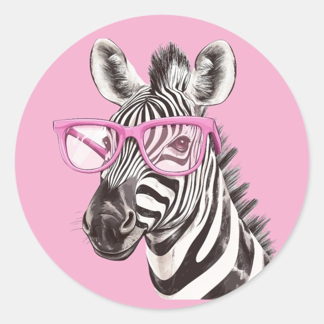Sticker Rond Sticleur Zebra avec lunettes roses Pink Light Pink (Devant)