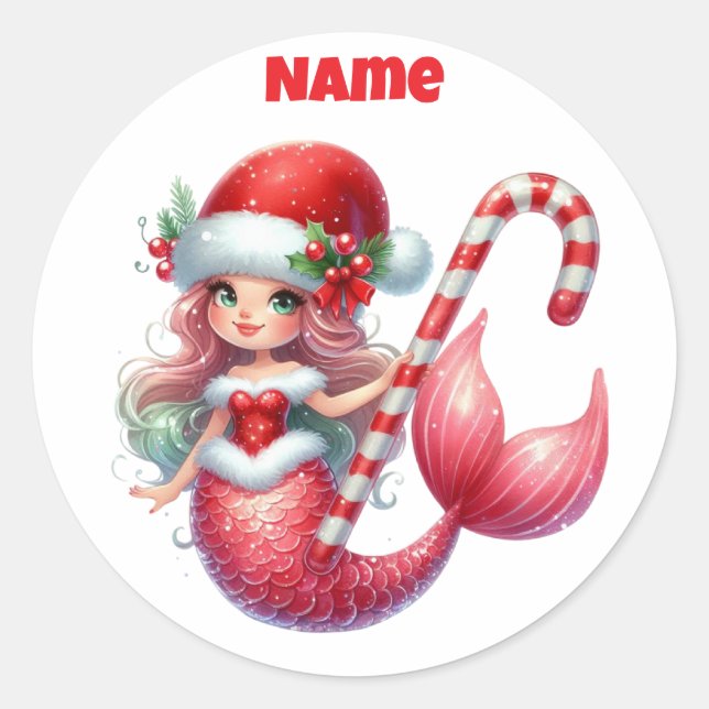 Sticker Rond Sticule circulaire de sirène de Noël personnalisée (Devant)
