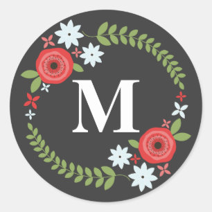 Sticker Rond Sticule de monogramme à couronne florale - gris