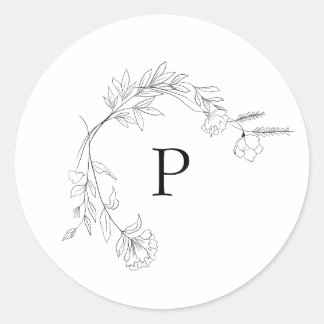 Sticker Rond Sticule de monogramme de couronne florale noire et