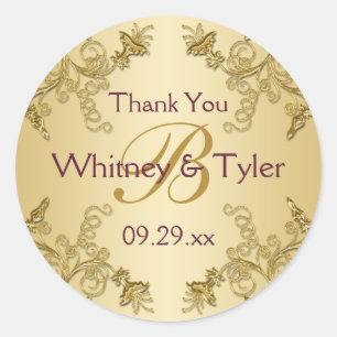 Sticker Rond Sticule Monogramme Vin Plum et or Floral Damask