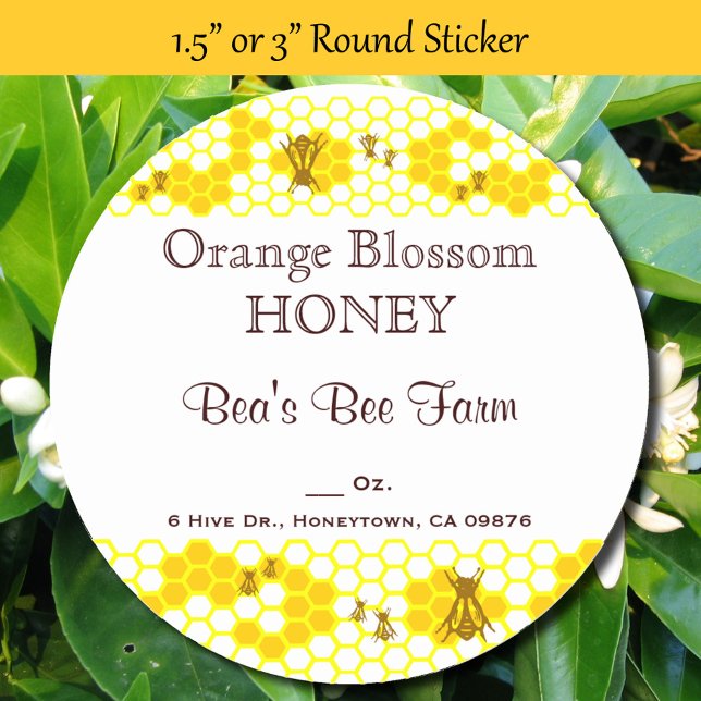 Sticker Rond Sticule ronde 3" Personnalisée pour abeille de mie (Honey Bee Honeycomb Round Stickers in 1.5 inch or 3 inch diameter)