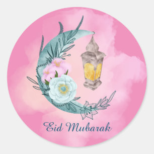 Sticker Rond Sticule rose Aquarelle Croissant Aïd Moubarak