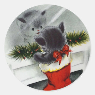Sticker Rond Stocker vintage Chat de Noël À La Recherche Dans