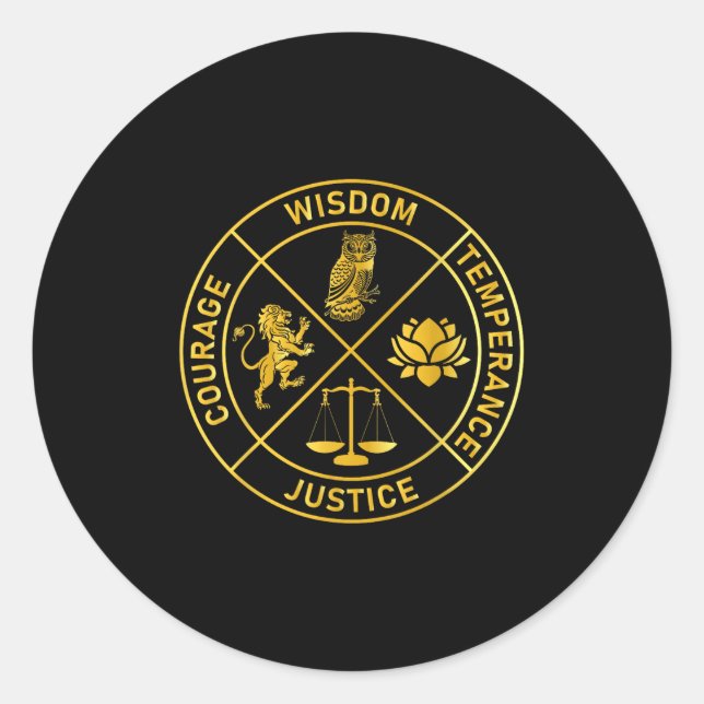 Sticker Rond Stoic Virtues Wisdom Temperance Justice Courage (Devant)