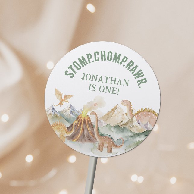 Sticker Rond Stomp Chomp Rawr Boy Dinosaur 1er anniversaire (Créateur téléchargé)
