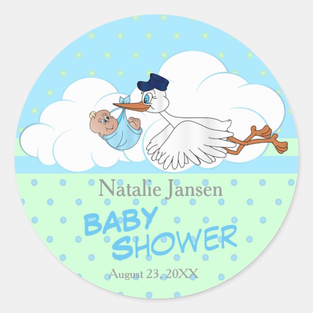 Sticker Rond Stork avec un mignon petit bébé garçon (Devant)