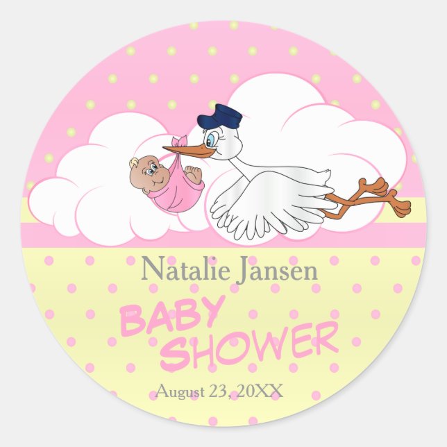 Sticker Rond Stork avec une mignonne petite fille bébé (Devant)