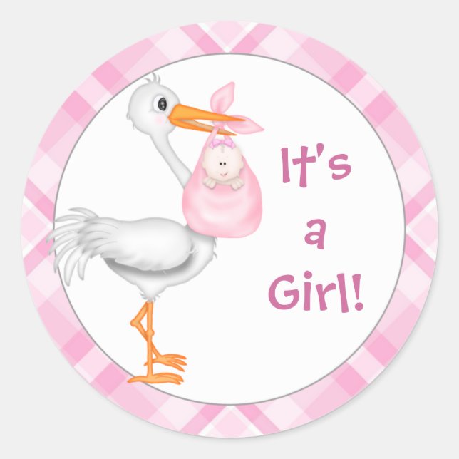 Sticker Rond Stork & Baby Girl Baby Faire-part (Devant)