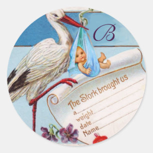 STICKER ROND STORK BÉBÉ GARÇON DOUCHE MONOGRAM