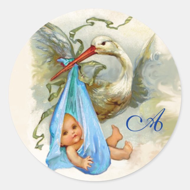 STICKER ROND STORK BÉBÉ GARÇON MONOGRAM DOUCHE, (Devant)