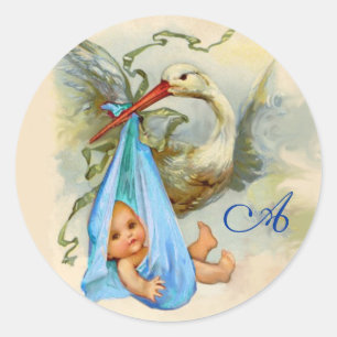 STICKER ROND STORK BÉBÉ GARÇON MONOGRAM DOUCHE,