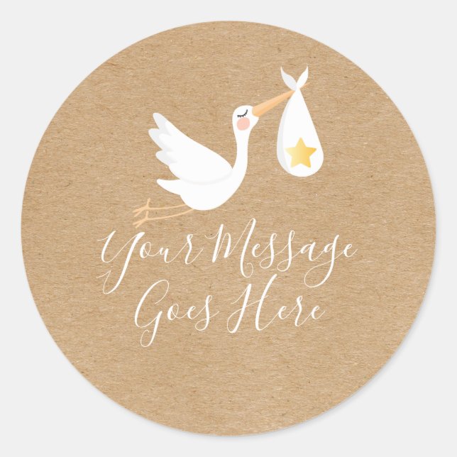 Sticker Rond Stork Gold Star Baby shower Script rustique (Devant)