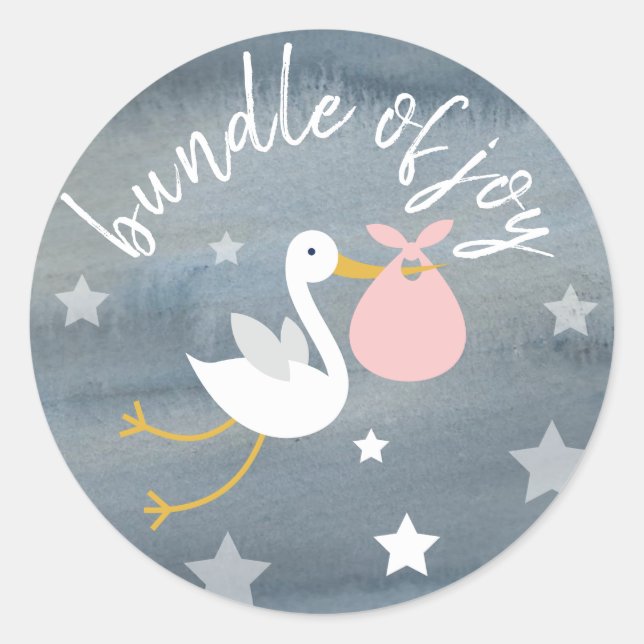 Sticker Rond Stork Pink Bundle Stars Baby shower Aquarelle (Devant)