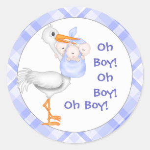 Sticker Rond Stork & Triplet Boys Baby Faire-part