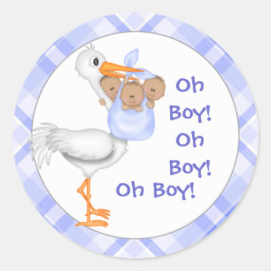 Sticker Rond Stork & Triplet Boys (peau foncée) Baby Faire-part