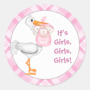 Sticker Rond Stork & Triplet Girls Baby Faire-part