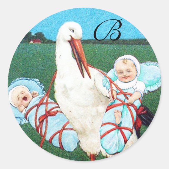 Sticker Rond STORK TWIN BÉBÉ DOUCHE GARÇON, bleu turquoise (Devant)