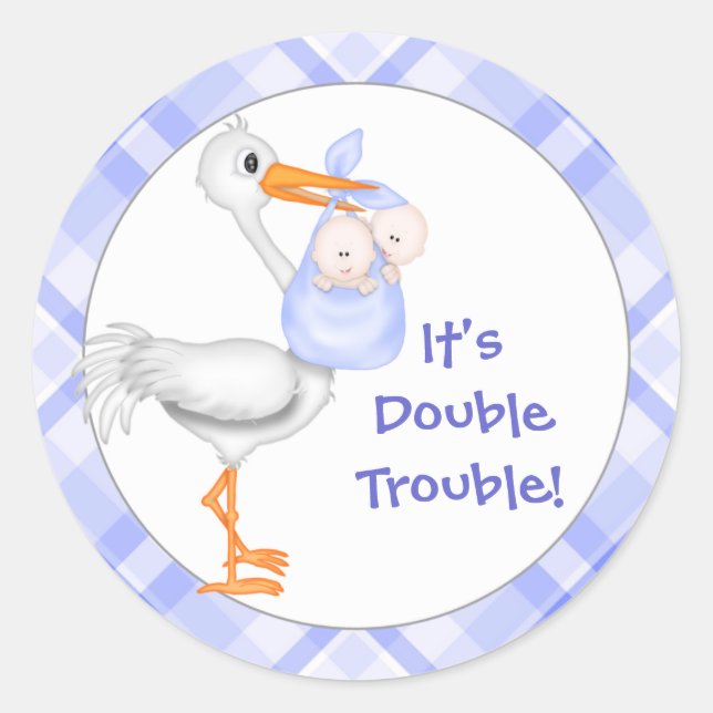 Sticker Rond Stork & Twin Boys Baby Faire-part (Devant)