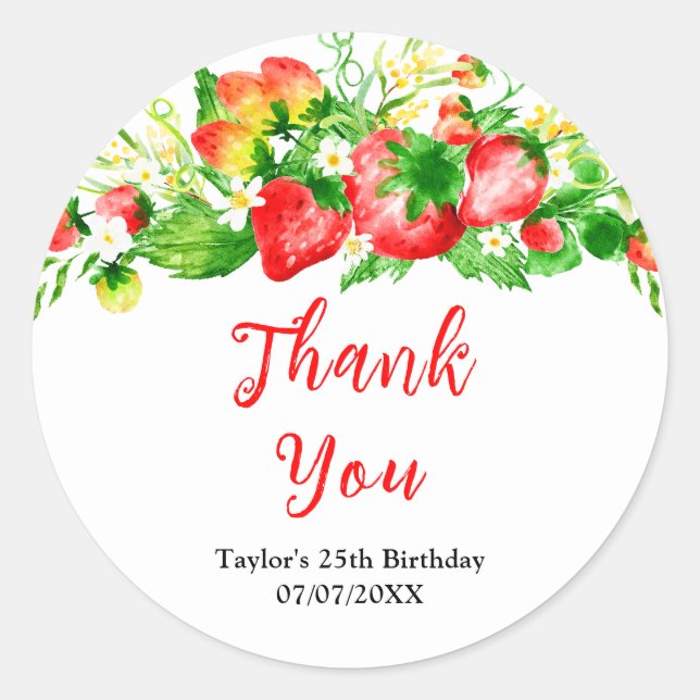 Sticker Rond Strawberries and Daisies Birthday Party Thank You (Devant)