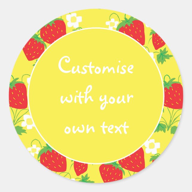 Sticker Rond Strawberries and Flowers Yellow Custom Text (Devant)