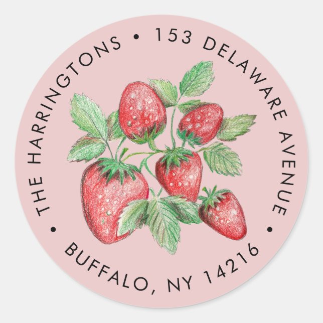 Sticker Rond Strawberry Art Pink Botanical Return Address (Devant)